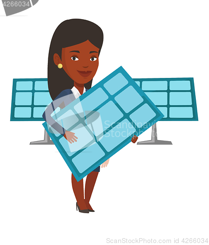 Image of Woman holding solar panel vector illustration.