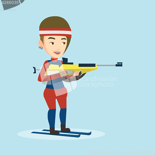 Image of Cheerful biathlon runner aiming at the target.