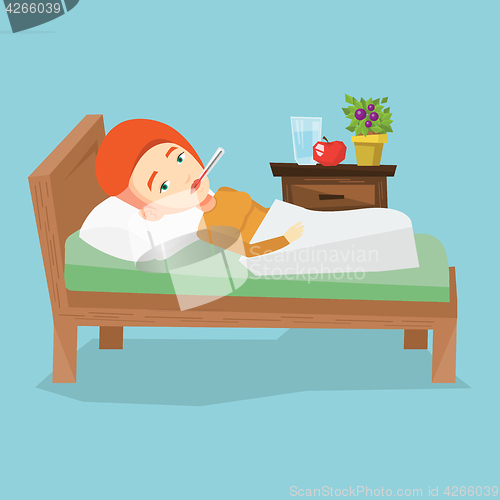 Image of Sick woman with thermometer laying in bed.