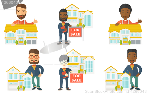 Image of Vector set of real estate agents and house owners.