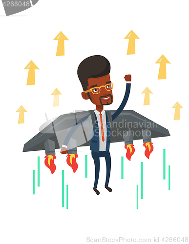 Image of Happy businessman flying on the rocket to success.