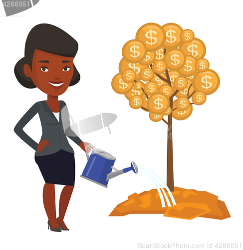 Image of Woman watering money tree vector illustration.