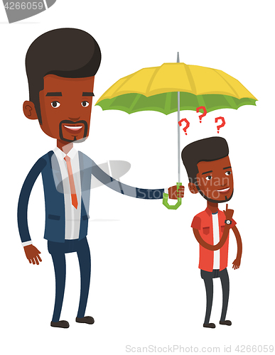 Image of Businessman holding umbrella over young man.