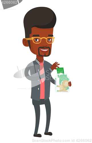 Image of Man putting dollar money into glass jar.