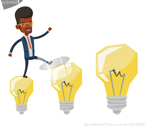 Image of Businessman jumping on idea bulbs.