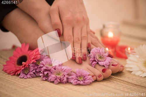 Image of female feet and hands at spa salon