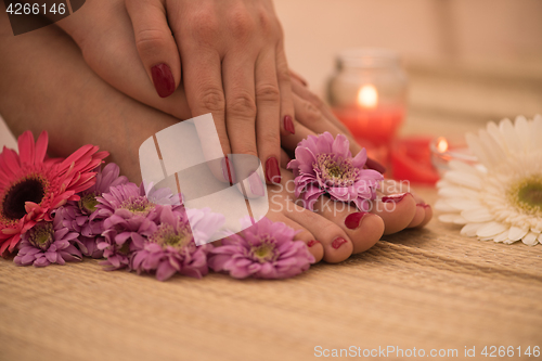 Image of female feet and hands at spa salon