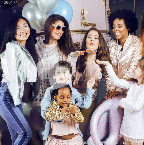 Image of Lifestyle and people concept: young pretty diversity nations woman with different age children celebrating on birth day party together happy smiling, making selfie. African-american, asian and caucasi