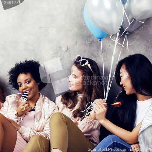 Image of Lifestyle and people concept: young pretty diversity nations woman with different age children celebrating on birth day party together happy smiling, making selfie. African-american, asian and caucasi