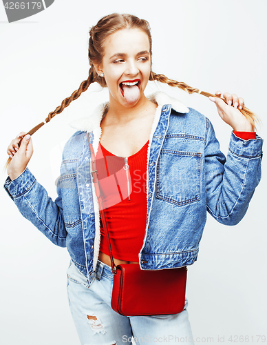 Image of young pretty blond teenage girl emotional posing, happy smiling isolated on white background, lifestyle people concept 