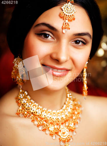 Image of beauty sweet indian girl in sari smiling close up