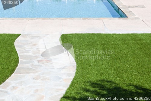 Image of New Artificial Grass Installed Near Walkway and Pool.