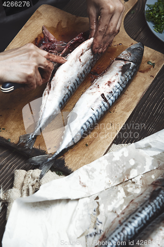 Image of Woman preparing mackerel fish