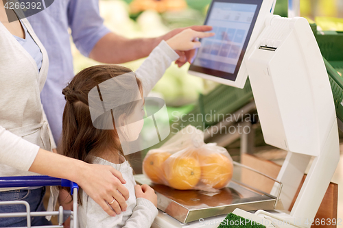 Image of family weighing oranges on scale at grocery store