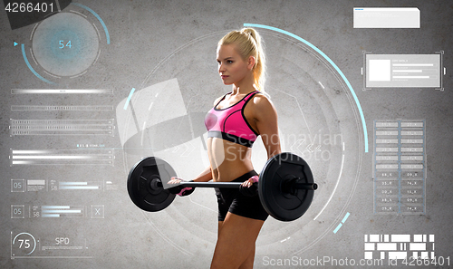 Image of young sporty woman exercising with barbell