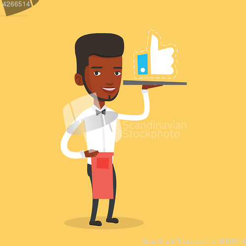 Image of Waiter with like button vector illustration.
