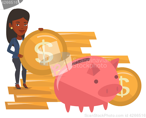 Image of Businesswoman putting coin in piggy bank.