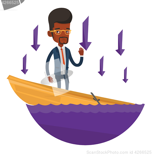 Image of Business man standing in sinking boat.