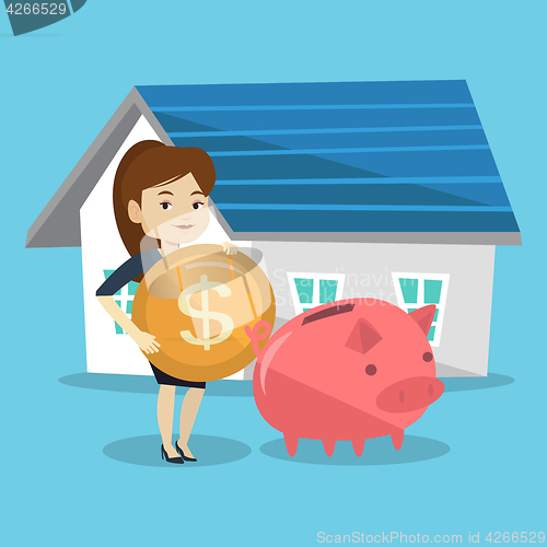 Image of Woman puts money into piggy bank for buying house.