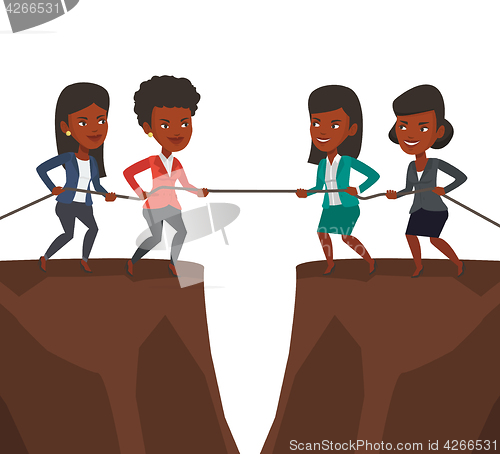 Image of Two groups of business people pulling rope.