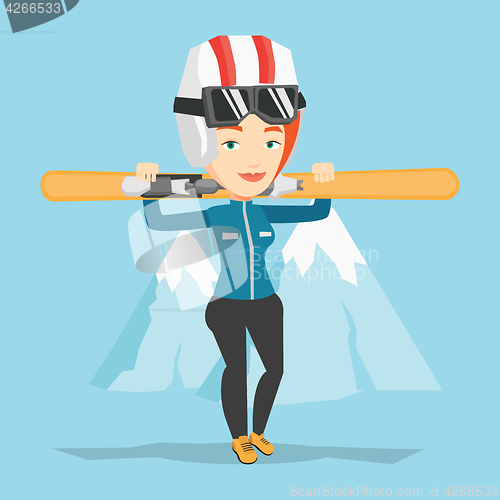 Image of Woman holding skis vector illustration.