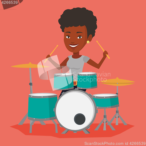 Image of Woman playing on drum kit vector illustration.