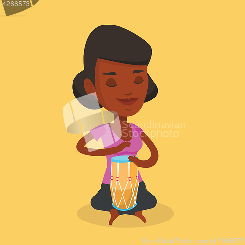 Image of Woman playing ethnic drum vector illustration.