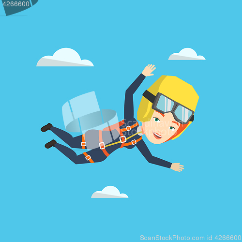 Image of Caucasian parachutist jumping with parachute.