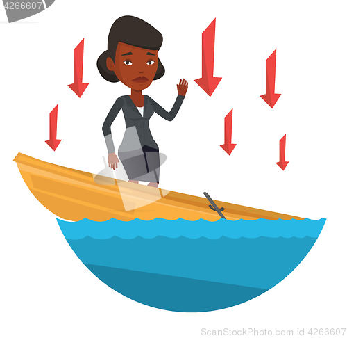 Image of Business woman standing in sinking boat.