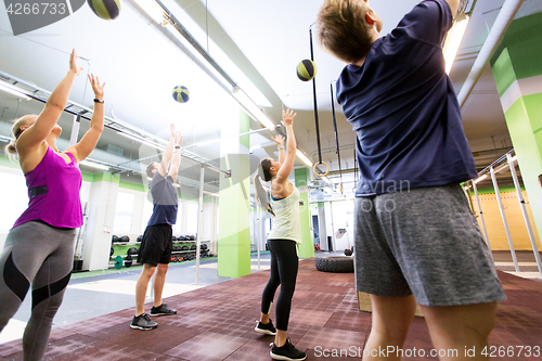 Image of group of people with medicine ball training in gym