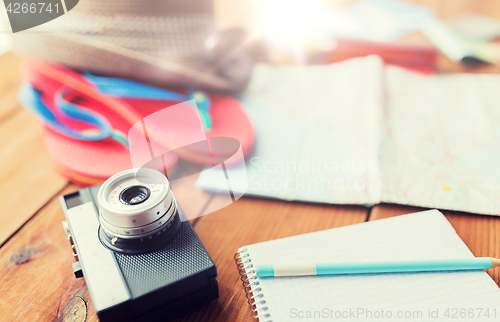 Image of close up of camera, notepad and travel stuff