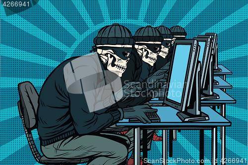 Image of The hacker community, skeletons hacked computers