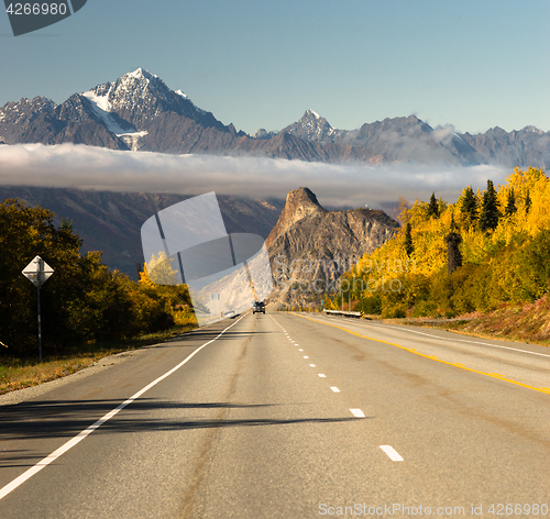 Image of Truck Approaches Fall Season Open Road Alaska