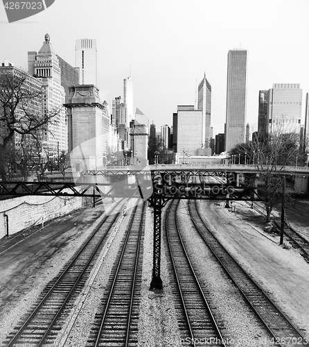 Image of Mass Transit Rails Central Chicago Illinois Downtown City Skylin