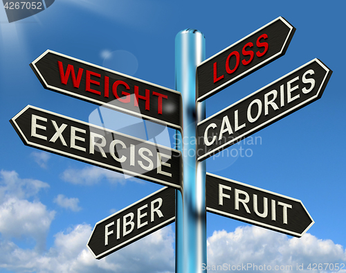 Image of Weight Loss Signpost Showing Fiber Exercise Fruit And Calories