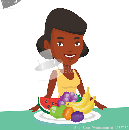 Image of Woman with fresh fruits vector illustration.