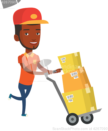 Image of Delivery postman with cardboard boxes on trolley.