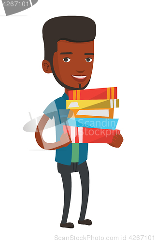 Image of Man holding pile of books vector illustration.