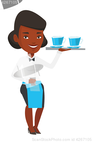 Image of Waitress holding tray with cups of coffeee or tea.