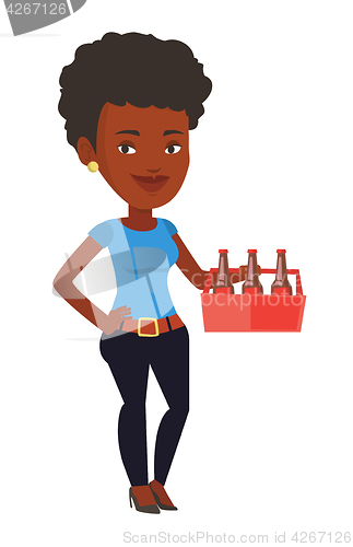 Image of Woman with pack of beer vector illustration.