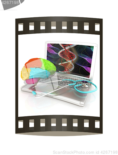Image of Laptop, brain and Stethoscope. 3d illustration. The film strip