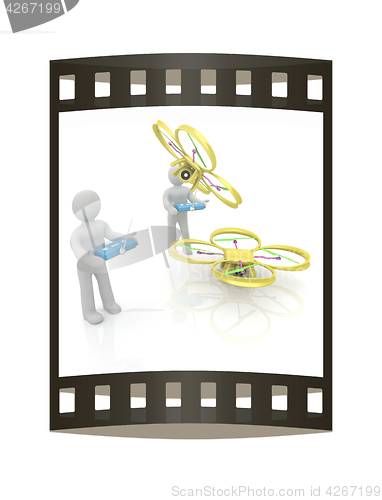 Image of 3d man with drone, quadrocopter, with photo camera. 3d render. 3