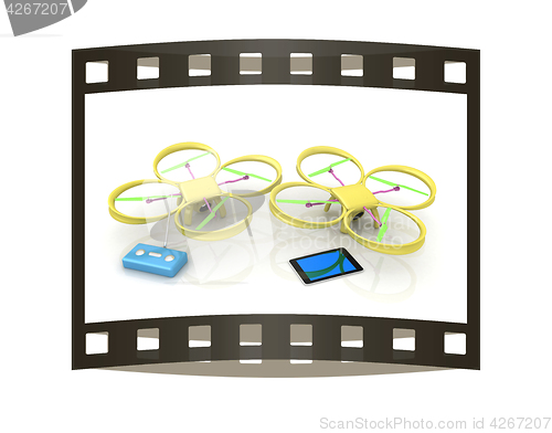 Image of Drone, remote controller and tablet PC. The film strip