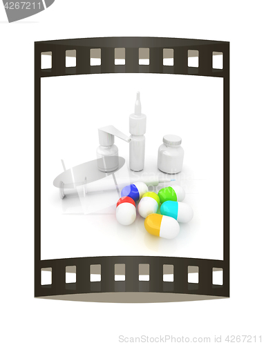 Image of Syringe, tablet, pill jar. 3D illustration. The film strip