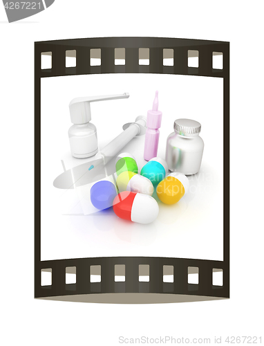 Image of Syringe, tablet, pill jar. 3D illustration. The film strip