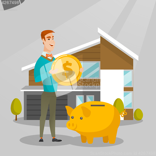 Image of Man saving money in piggy bank for buying house.