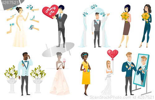 Image of Bride and groom vector illustrations set.