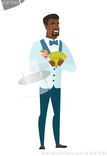 Image of Happy african-american groom holding money.