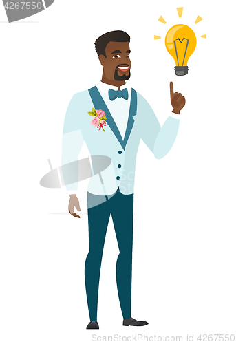 Image of Groom pointing at business idea light bulb.