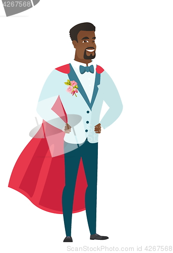 Image of Groom wearing a red superhero cloak.